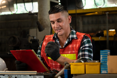 Factory worker talking on portable radio while inspecting machinery parts . Industrial and...