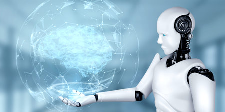 AI humanoid robot holding virtual hologram screen showing concept of AI brain and artificial...