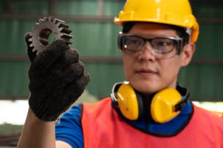 Skillful factory worker looking at machine part in workshop . Industry and engineering technology concept .の写真素材
