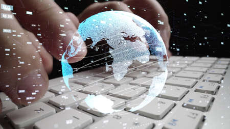 Man working on computer with graphic of mathematics coding modernization showing concept computer software development and programming science .の写真素材