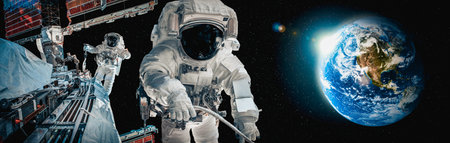 Astronaut spaceman do spacewalk while working for space station in outer space . Astronaut wear full...