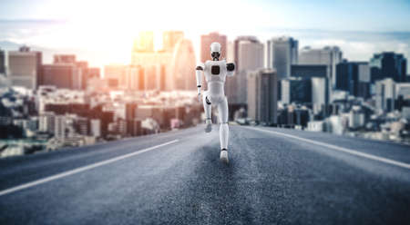 Running robot humanoid showing fast movement and vital energy in concept of future innovation development toward AI brain and artificial intelligence thinking by machine learning. 3D illustration.の写真素材