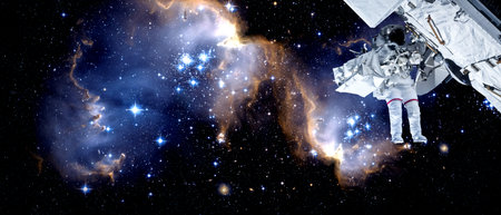Astronaut spaceman do spacewalk while working for space station in outer space . Astronaut wear full...