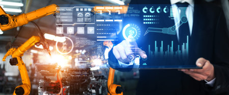 Advanced robot arm system for digital industry and factory robotic technology . Automation...