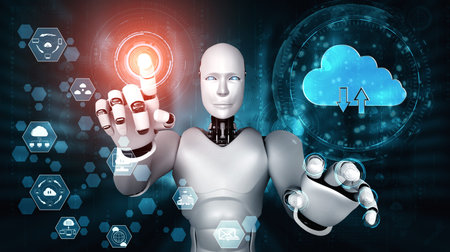 AI robot using cloud computing technology to store data on online server . Futuristic concept of cloud information storage analyzed by machine learning process . 3D rendering illustration .の写真素材