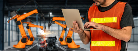 Engineer use advanced robotic software to control industry robot arm in factory . Automation...