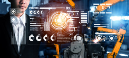 Advanced robot arm system for digital industry and factory robotic technology . Automation...
