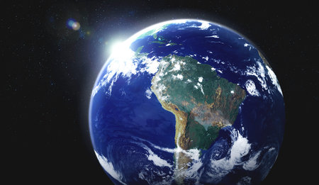 Planet earth globe view from space showing realistic earth surface and world map as in outer space...