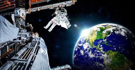 Astronaut spaceman do spacewalk while working for space station in outer space . Astronaut wear full...