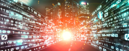 Digital data flow on road with motion blur to create vision of fast speed transfer . Concept of...