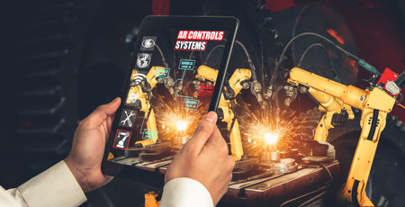 Engineer controls robotic arms by augmented reality industry technology application software. Smart...