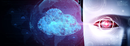 AI robot using cloud computing technology to store data on online server . Futuristic concept of cloud information storage analyzed by machine learning process . 3D rendering illustration .の写真素材