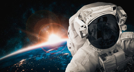 Astronaut spaceman do spacewalk while working for space station in outer space . Astronaut wear full...