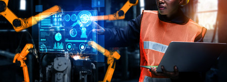 Advanced robot arm system for digital industry and factory robotic technology . Automation...