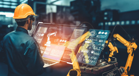 Smart industry robot arms for digital factory production technology showing automation manufacturing...