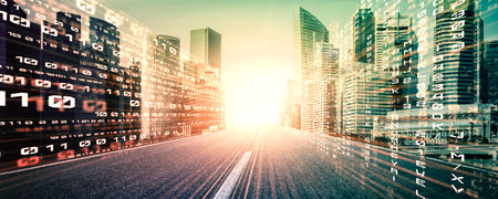 Digital data flow on road with motion blur to create vision of fast speed transfer . Concept of...