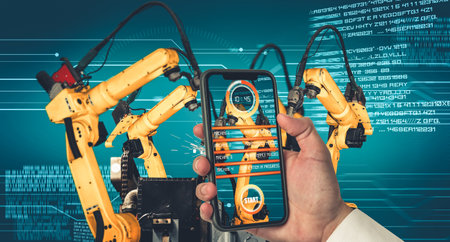 Engineer controls robotic arms by augmented reality industry technology application software. Smart robot machine in future factory working in concept of Industry 4.0 or 4th industrial revolution.の写真素材