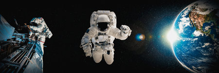 Astronaut spaceman do spacewalk while working for space station in outer space . Astronaut wear full...