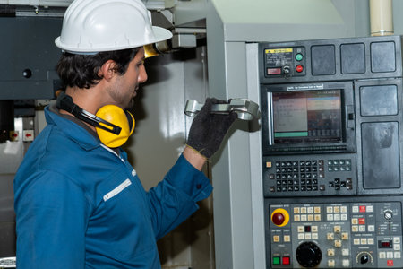 Smart factory worker or engineer do machine job in manufacturing workshop . Industry and engineering...