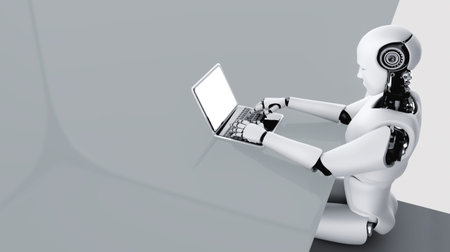 Robot humanoid use laptop and sit at table in future office while using AI thinking brain ,...
