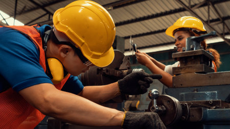 Group of skillful workers using machine equipment in factory workshop . Industry and engineering people technology concept .の写真素材