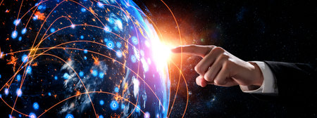 Global network connection covering earth with link of innovative perception . Concept of international trading and digital investment, 5G global wireless connection and future of internet of things .の写真素材