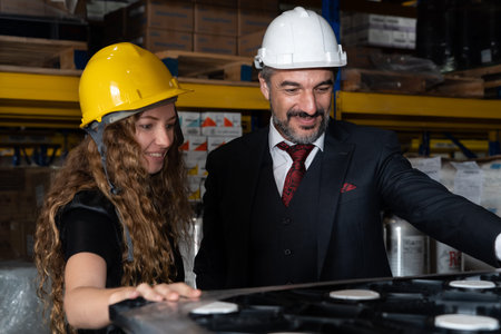 Warehouse senior manager talking to worker in the storehouse . Logistics , supply chain and...
