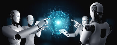 AI humanoid robot touching hologram screen shows concept of global communication network using...
