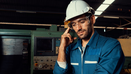 Skillful factory engineer or worker portrait while thinking and looking forward . Industrial people...