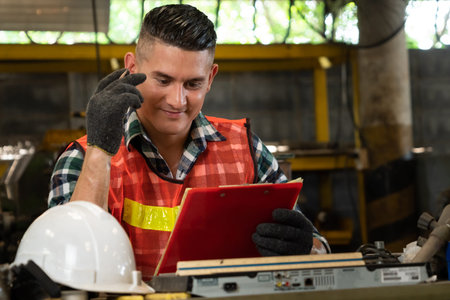 Manufacturing worker working with clipboard to do job procedure checklist . Factory production line...