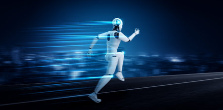 Running robot humanoid showing fast movement and vital energy in concept of future innovation...