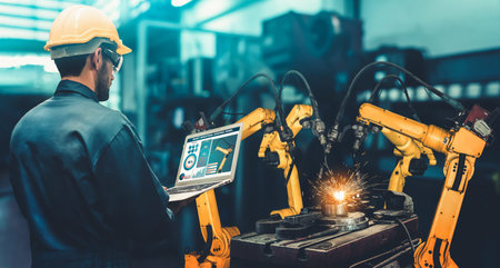 Smart industry robot arms for digital factory production technology showing automation manufacturing...