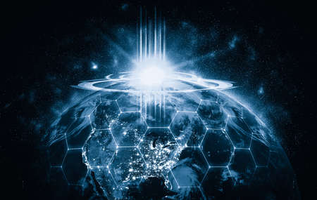 Global network connection covering the earth with lines of innovative perception . Concept of 5G wireless digital connection and future in the internet of things . 3D illustration .の写真素材