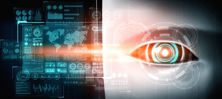 Robot humanoid face close up with graphic concept of big data analytic by AI thinking brain, artificial intelligence and machine learning process for the 4th fourth industrial revolution. 3D renderingの写真素材