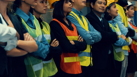 Large group of factory worker standing together in warehouse or storehouse . Logistics , supply chain and warehouse business concept .の写真素材