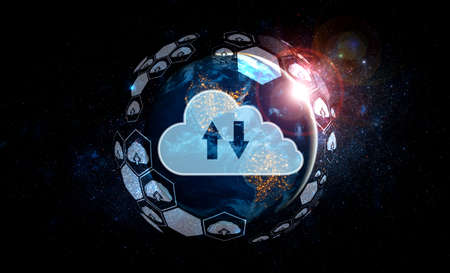 Cloud computing technology and online data storage in innovative perception . Cloud server data storage for global business network concept. Internet server service connection for cloud data transfer.の写真素材
