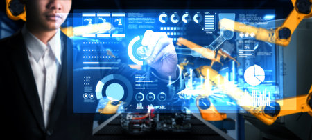 Advanced robot arm system for digital industry and factory robotic technology . Automation...