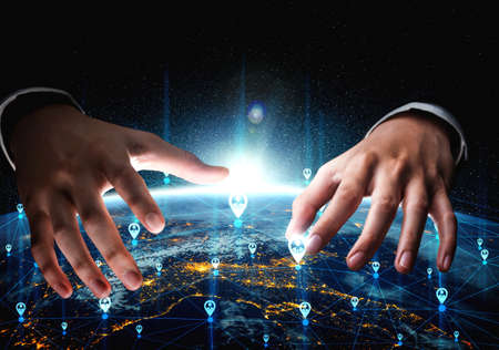 Global network connection covering earth with link of innovative perception . Concept of international trading and digital investment, 5G global wireless connection and future of internet of things .の写真素材