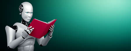 3D illustration of robot humanoid reading book in concept of future artificial intelligence and 4th fourth industrial revolution .の写真素材