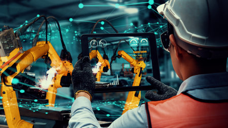 Smart industry robot arms modernization for innovative factory technology . Concept of automation...