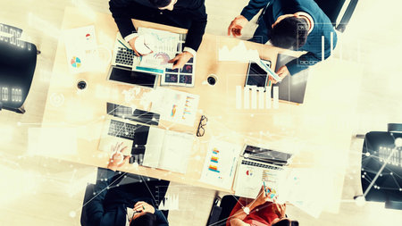 Creative visual of business people in corporate staff meeting . Concept of digital technology for...