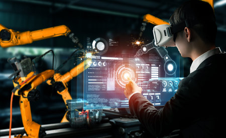 Advanced robot arm system for digital industry and factory robotic technology . Automation...