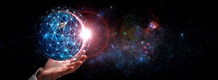 Global network connection covering earth with link of innovative perception . Concept of international trading and digital investment, 5G global wireless connection and future of internet of things .の写真素材