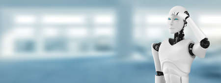 Standing humanoid robot looking forward on clean background 3D illustrationの写真素材