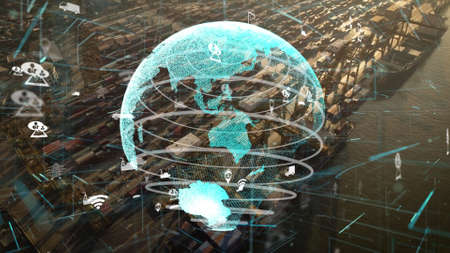 Shipping harbor aerial view with graphic of network technology modernization showing concept of smart digital autonomous technology to control goods import and export stocks calculations .の写真素材