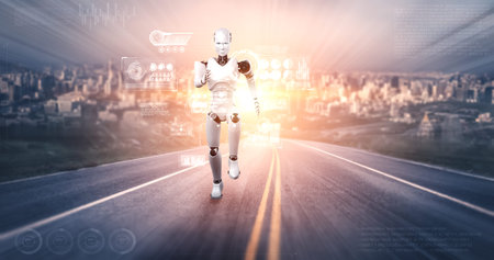 Running robot humanoid showing fast movement and vital energy in concept of future innovation development toward AI brain and artificial intelligence thinking by machine learning. 3D illustration.の写真素材