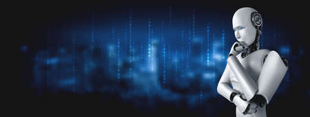 Thinking AI humanoid robot analyzing information data in concept of artificial intelligence by machine learning process for 4th fourth industrial revolution . 3D illustration.の写真素材