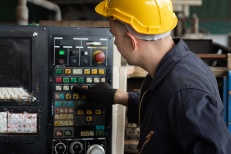 Skillful factory engineer or worker do machine job in manufacturing workshop . Industrial people and...