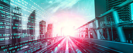 Digital data flow on road with motion blur to create vision of fast speed transfer . Concept of future digital transformation , disruptive innovation and agile business methodology .の写真素材