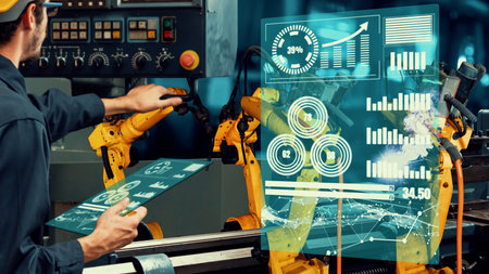 Smart industry robot arms modernization for innovative factory technology . Concept of automation...